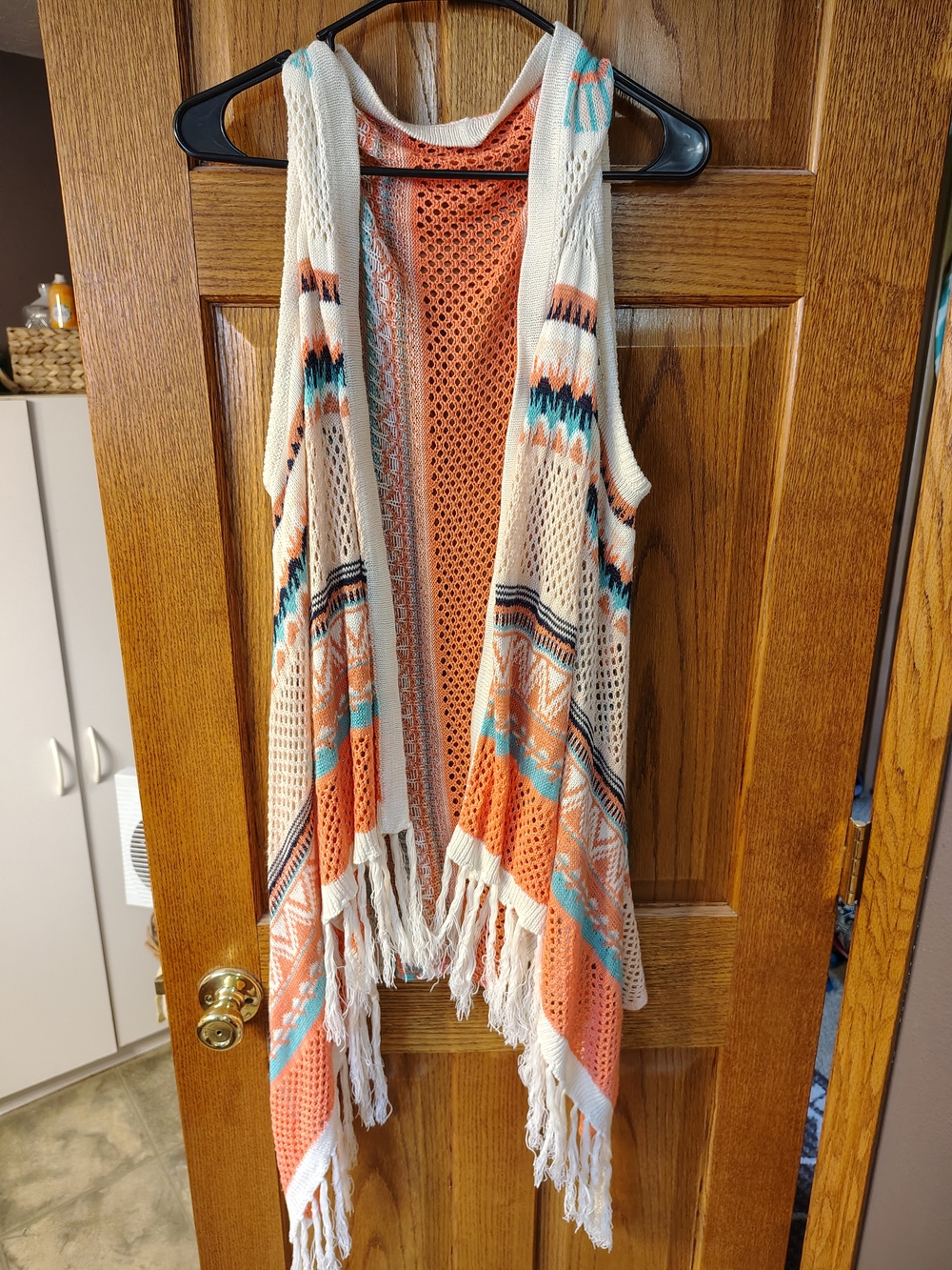 Bohemian open-front fringed lace mesh cardigan